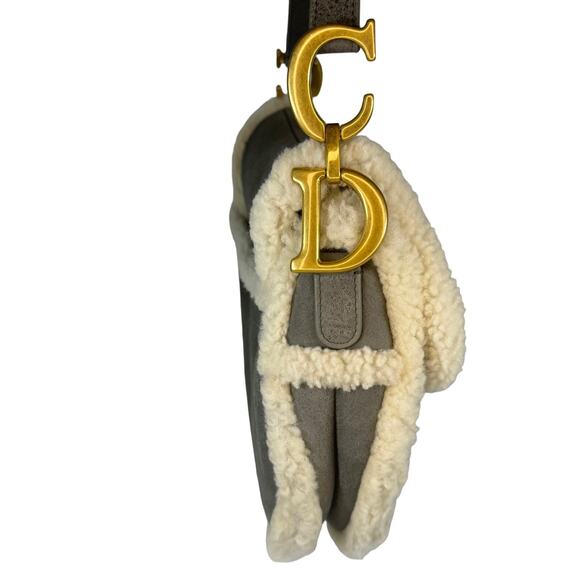 Christian Dior Shearling Saddle Bag Gray Shoulder Purse Suede/Gold CD Rare Auth - Picture 14 of 16